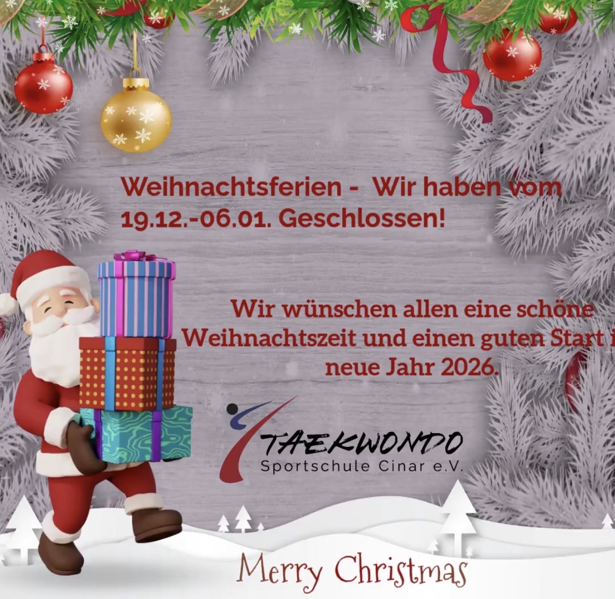 Weihnachtsferien – Wir haben vom 19.12.-06.01.26 Geschlossen!